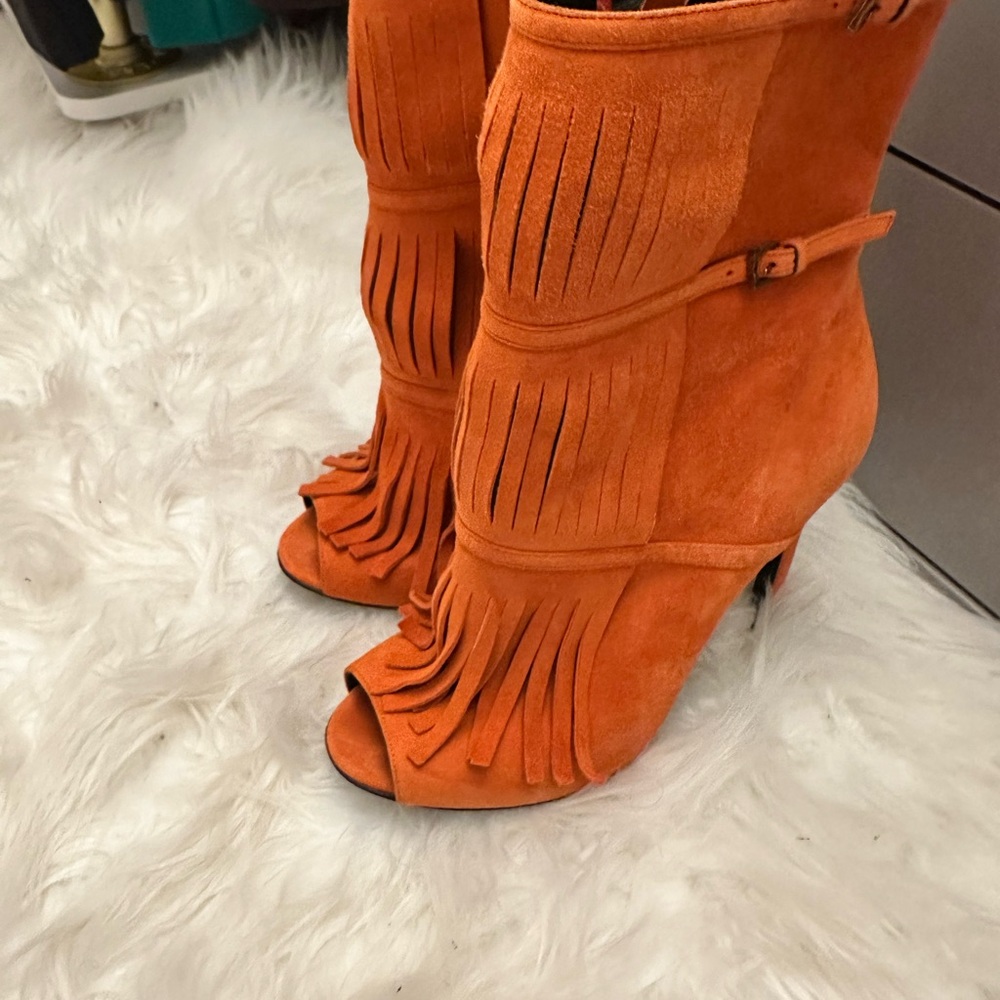 Orange Fringe Peep-Toe Ankle Boots